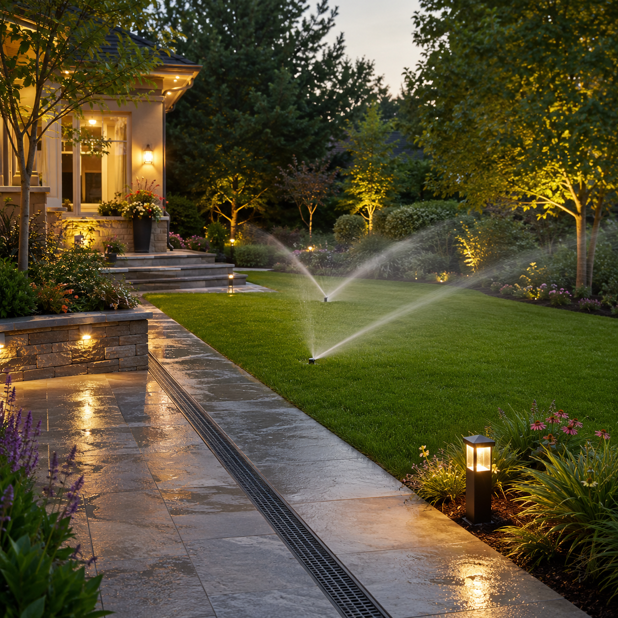 Backyard with sprinklers and landscape lighting at dusk